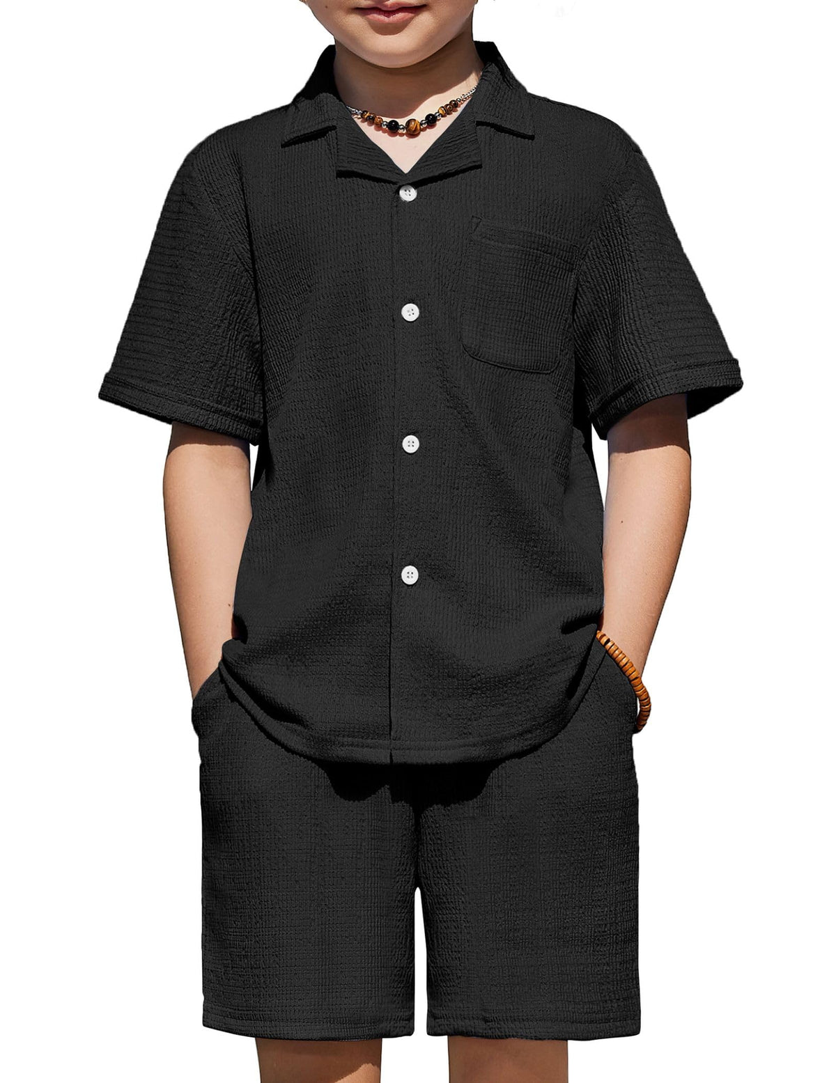 Arshiner Boys Ribbed Textured Outfit Cuban Collar Shirt & Shorts 4-12 Years