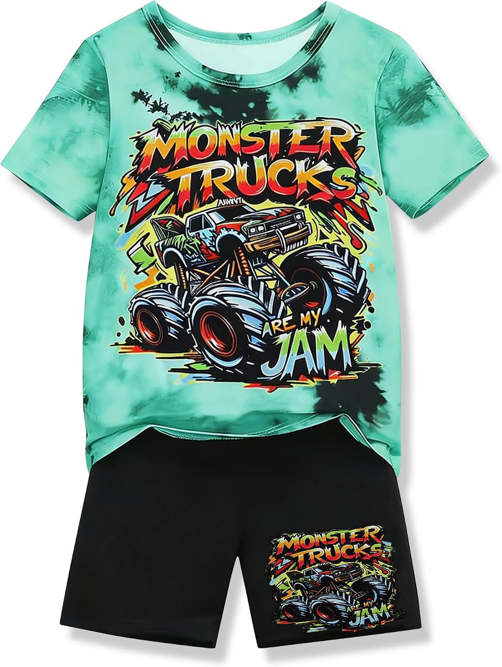 Boys Clothes 2-Piece Summer Outfit 3D Car Print Tie-Dye T-Shirt & Elastic Waist Shorts for Kids Clothing Set 5-11Y