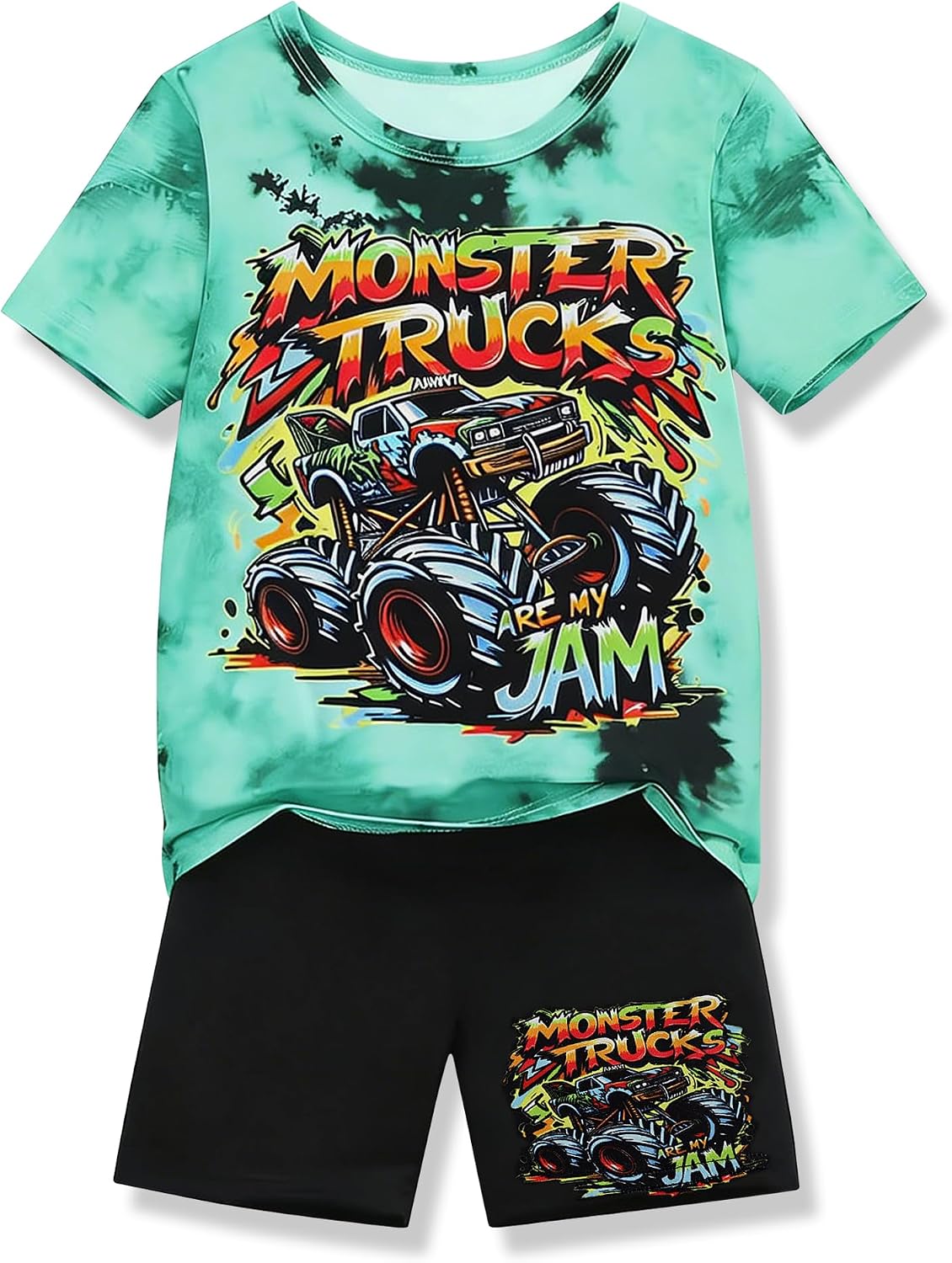 Boys Clothes 2-Piece Summer Outfit 3D Car Print Tie-Dye T-Shirt & Elastic Waist Shorts for Kids Clothing Set 5-11Y