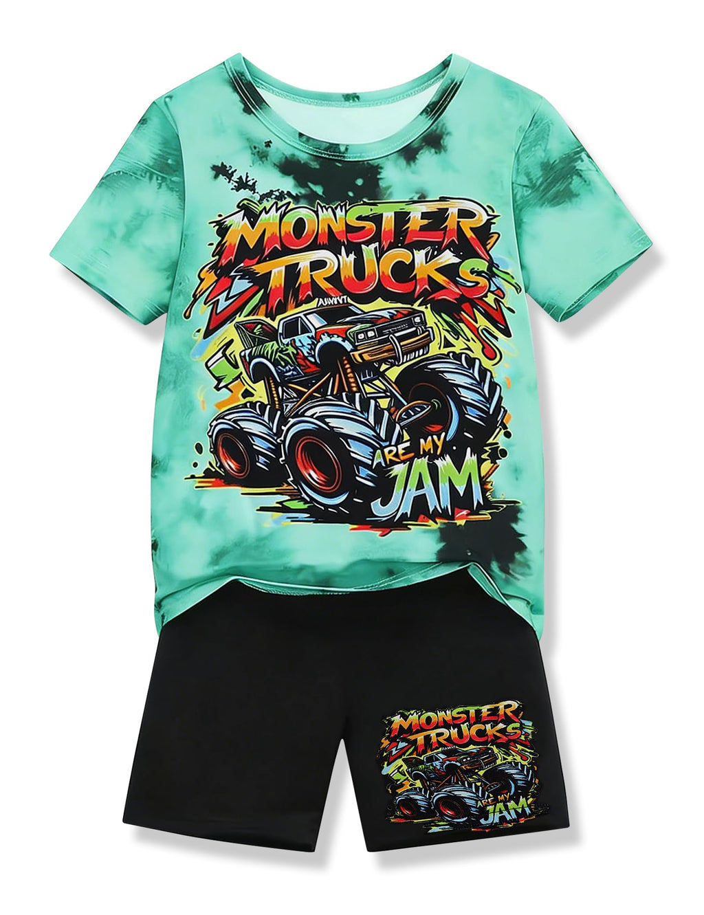 Boys Clothes 2-Piece Summer Outfit 3D Car Print Tie-Dye T-Shirt & Elastic Waist Shorts for Kids Clothing Set 5-11Y