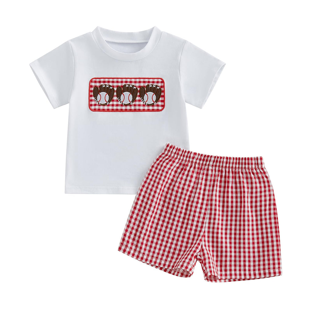 Toddler Baby Boy Baseball Outfits Summer Clothes T-shirt Plaid Shorts Set