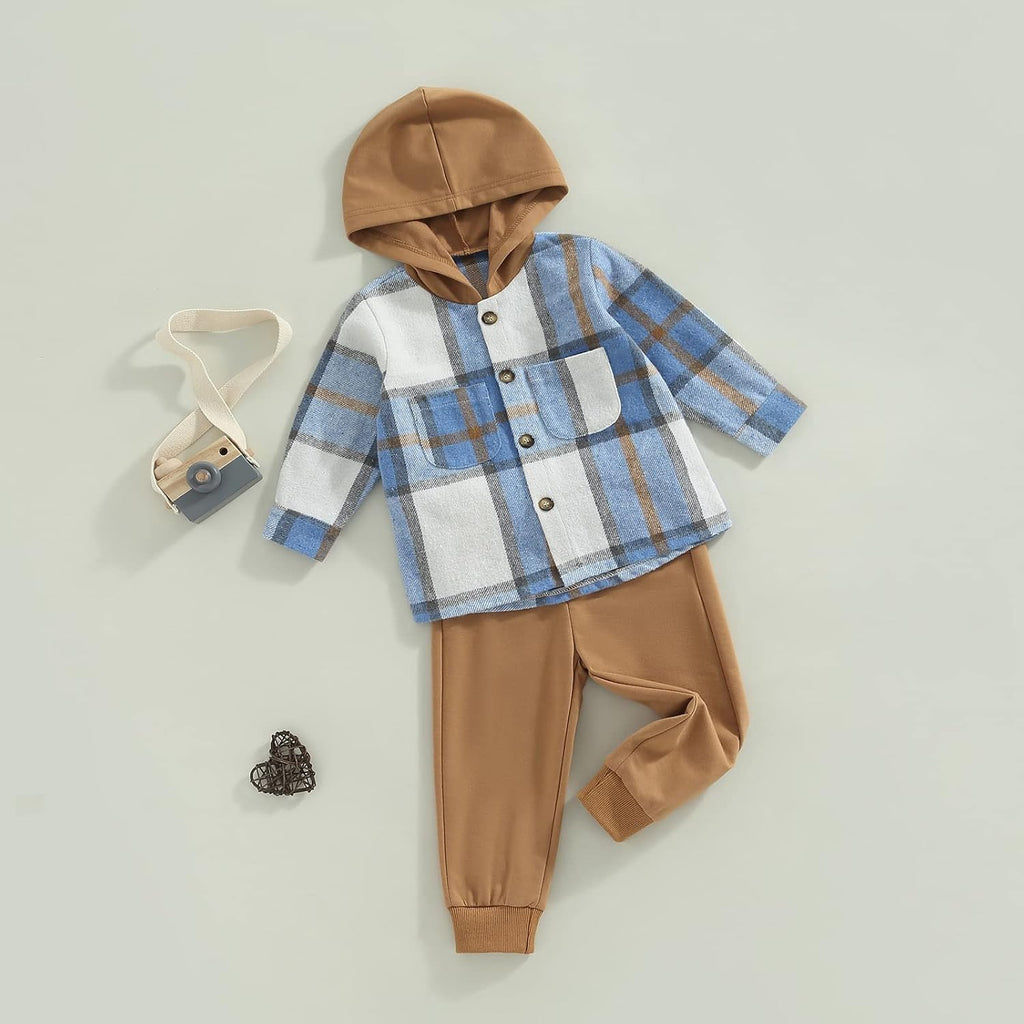 Douhoow Toddler Unisex Baby Clothes Boys Girls Flannel Shirt Tops Plaid Hoodie Sweatshirt + Sweatpants Fall Winter Outfits