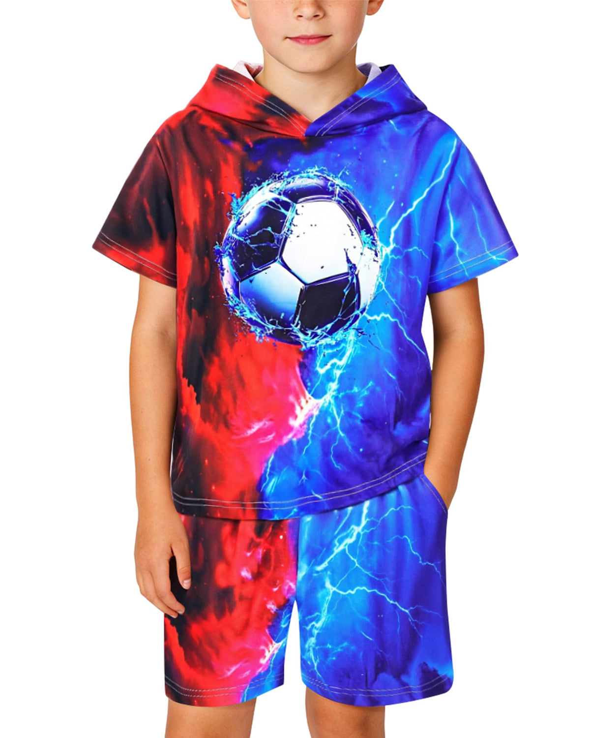 Boys 2Pcs Summer Clothes 3D Printing Short Sleeve Hooded T-Shirt and Shorts Outfit for 5-12 Years