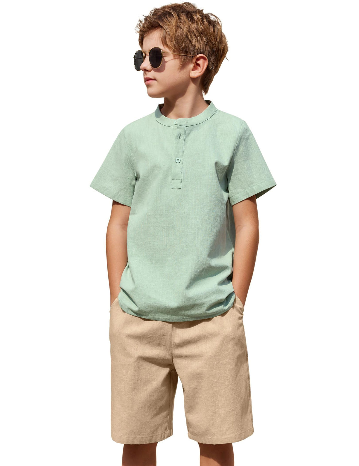 Arshiner Boy's 2 Pieces Cotton Linen Set Casual Henley Shirts Short Sleeve Beach Shorts Summer Outfits for 5-12 Years