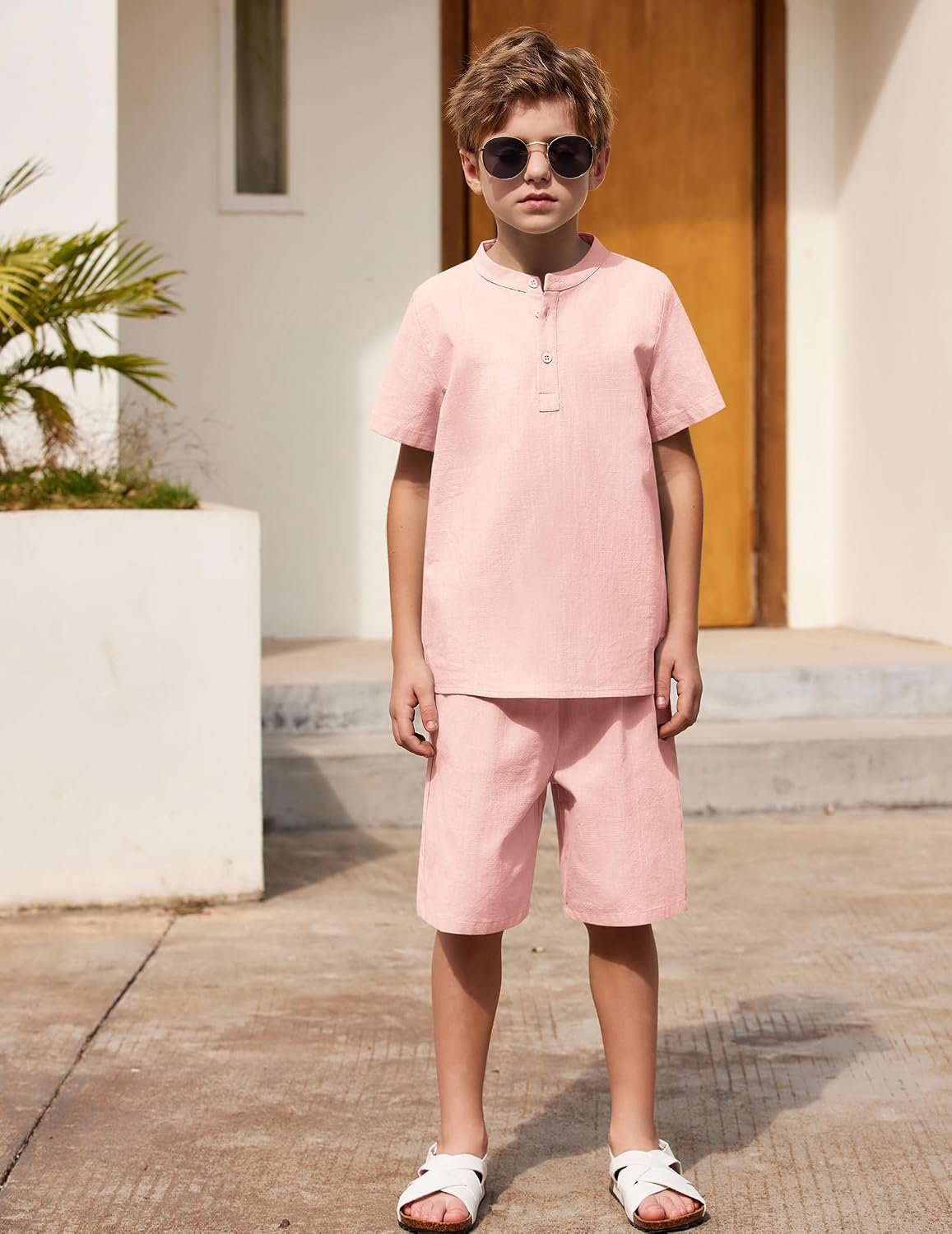 Arshiner Boy's 2 Pieces Cotton Linen Set Casual Henley Shirts Short Sleeve Beach Shorts Summer Outfits for 5-12 Years