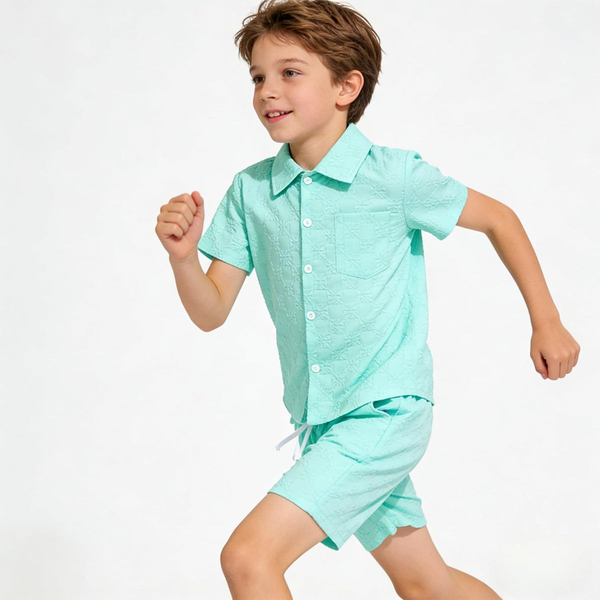 Ayzozuy Boys Summer 2-Piece Outfit Size 6-13 Short-Sleeve Textured Button-Down Shirt & Solid Elastic-Waist Shorts Set