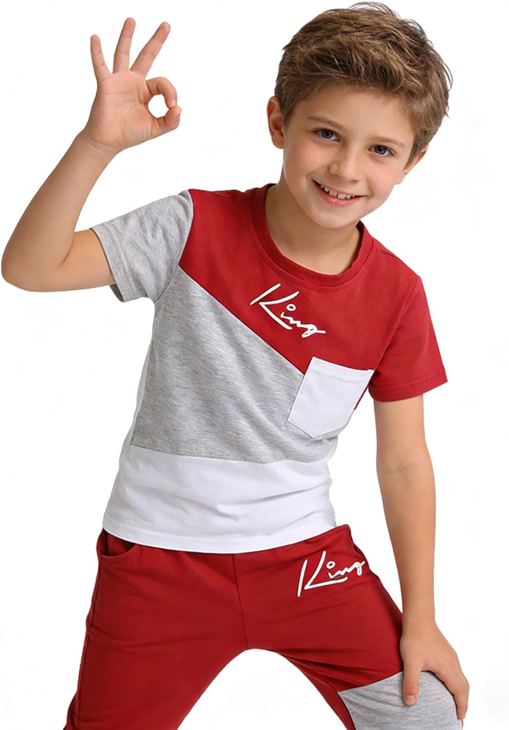 Axumity Tween Boys' 2-Piece Casual Outfit Spring Summer Short Sleeve Crewneck Top & Color Block Pants Size 6-13