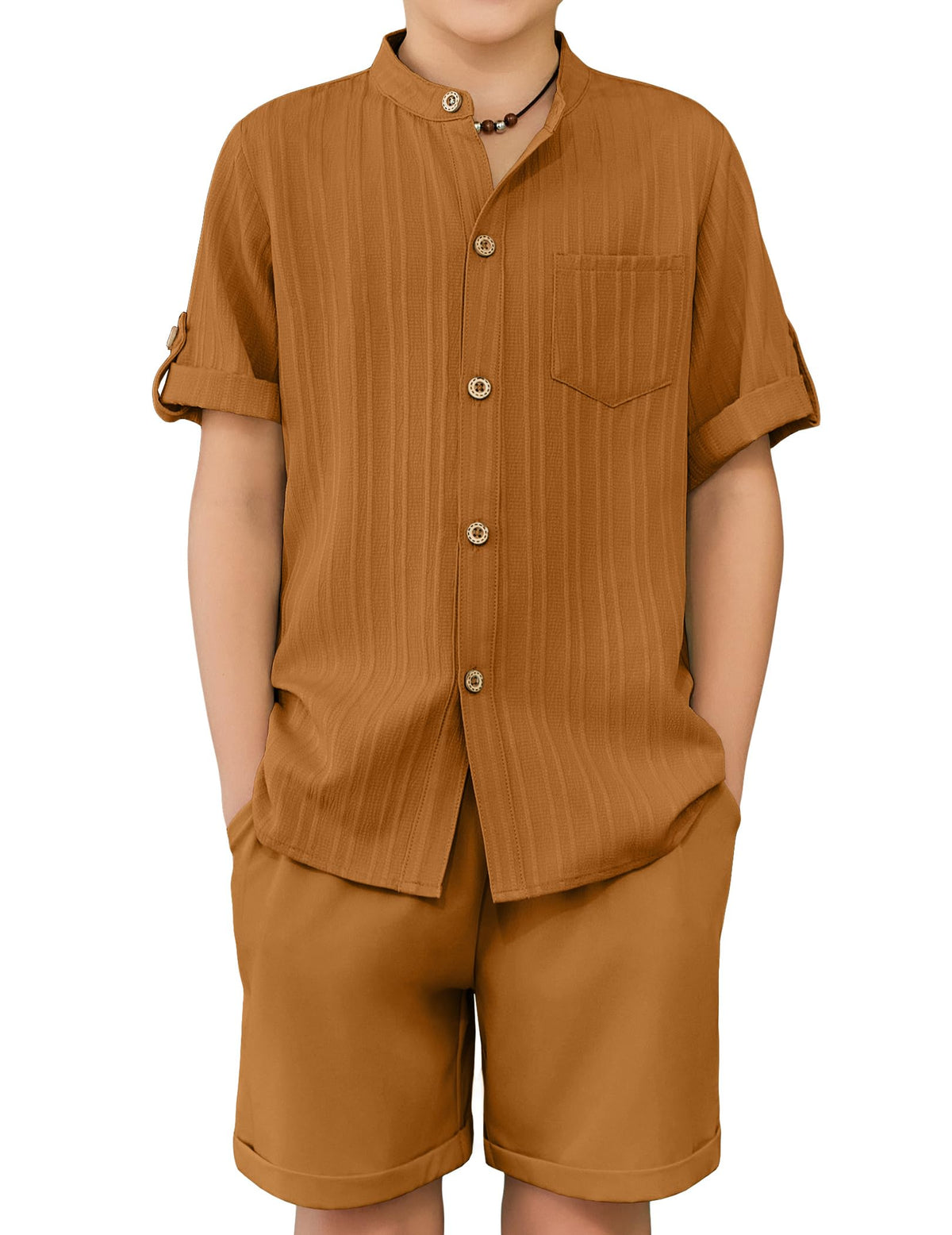 Arshiner Boys Summer Outfits Textured Button Down Shirt and Shorts Set