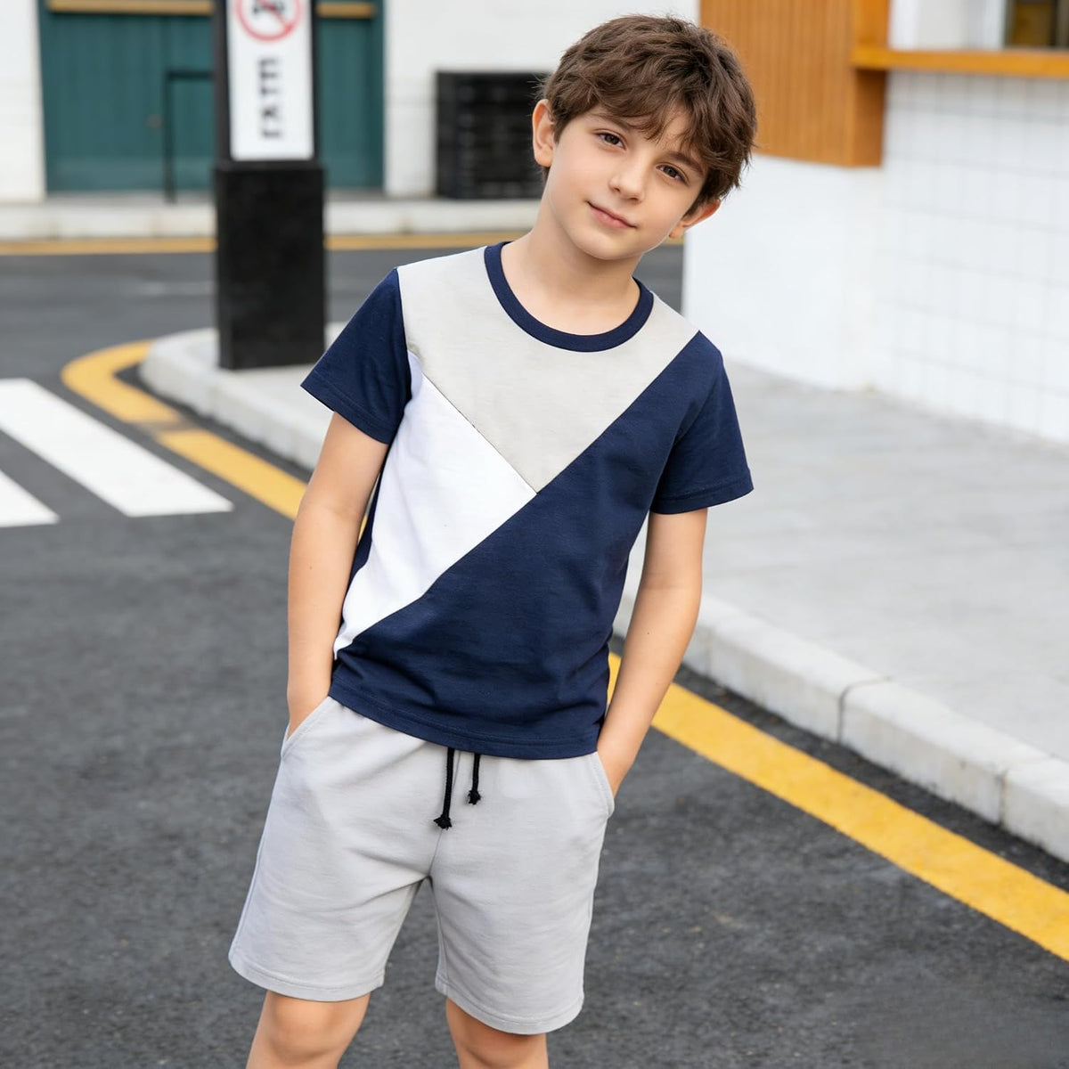 Ayzozuy Boy Clothes Colorblock Top + Drawstring Waist Shorts 2 Pieces Kid Summer Outfits Set