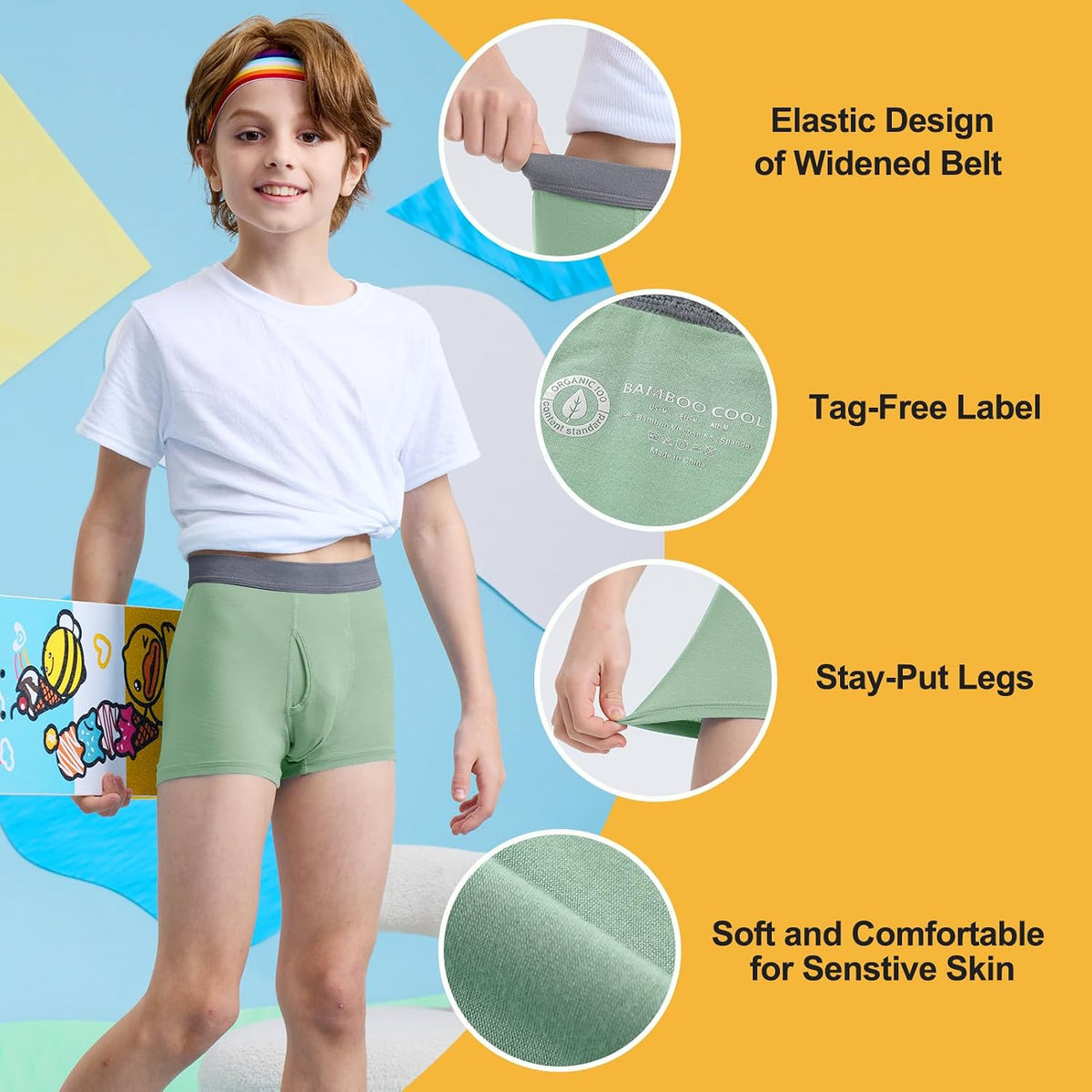 BAMBOO COOL Boys' Boxer Briefs 6-18Y Underwear Moisture-Wicking Lightweight and Ultra Soft 6-Pack