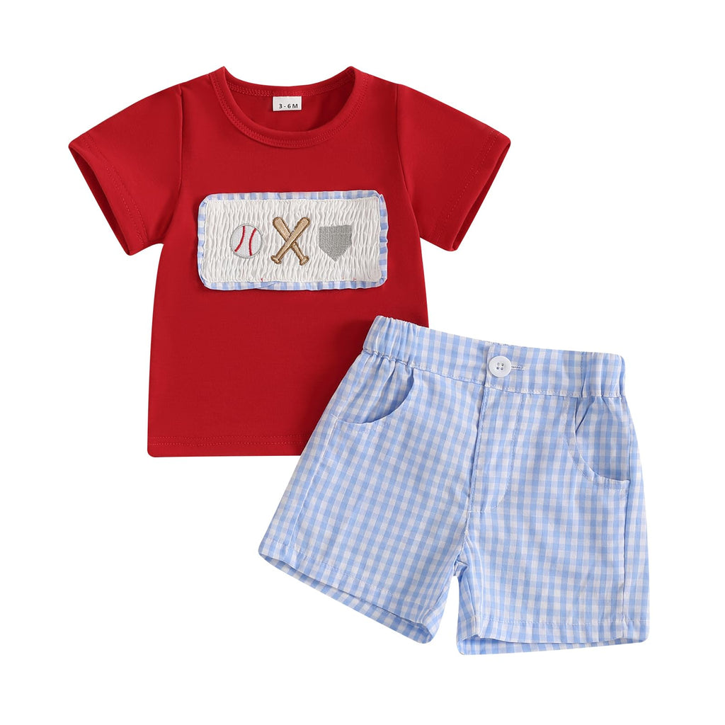 Toddler Baby Boy Baseball Outfits Summer Clothes T-shirt Plaid Shorts Set