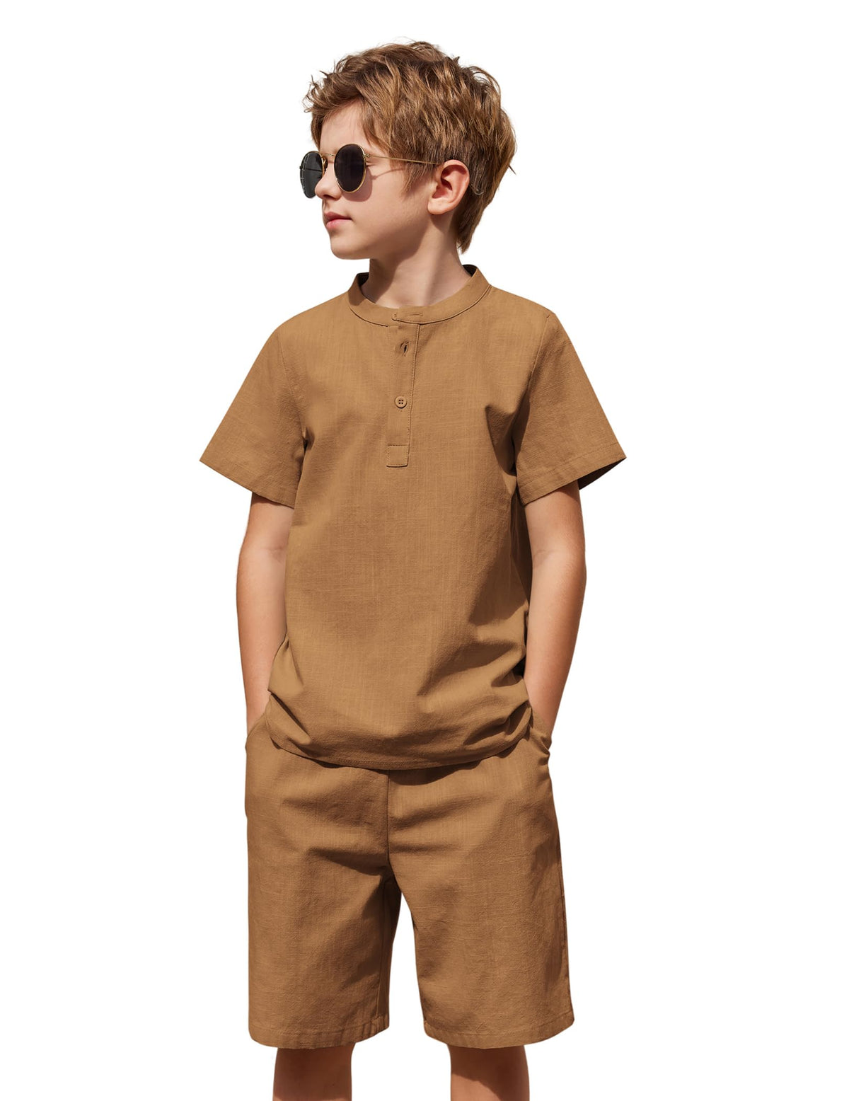 Arshiner Boy's 2 Pieces Cotton Linen Set Casual Henley Shirts Short Sleeve Beach Shorts Summer Outfits for 5-12 Years