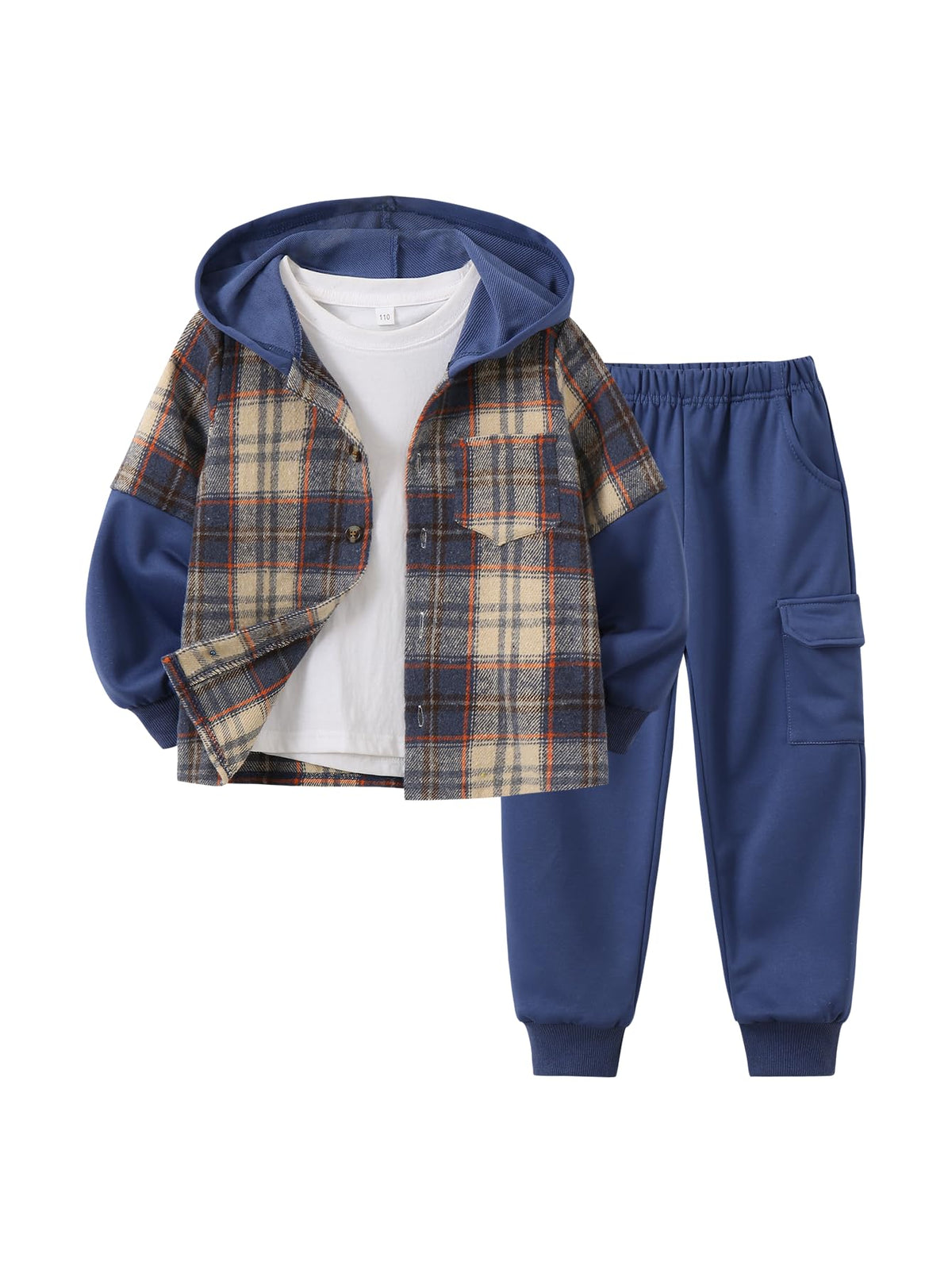 2Pcs Kids Boys Flannel Plaid Shirt Tops Pants Set Hoodie Sweatsuit for Fall Winter Spring Outfits 4-12 Years