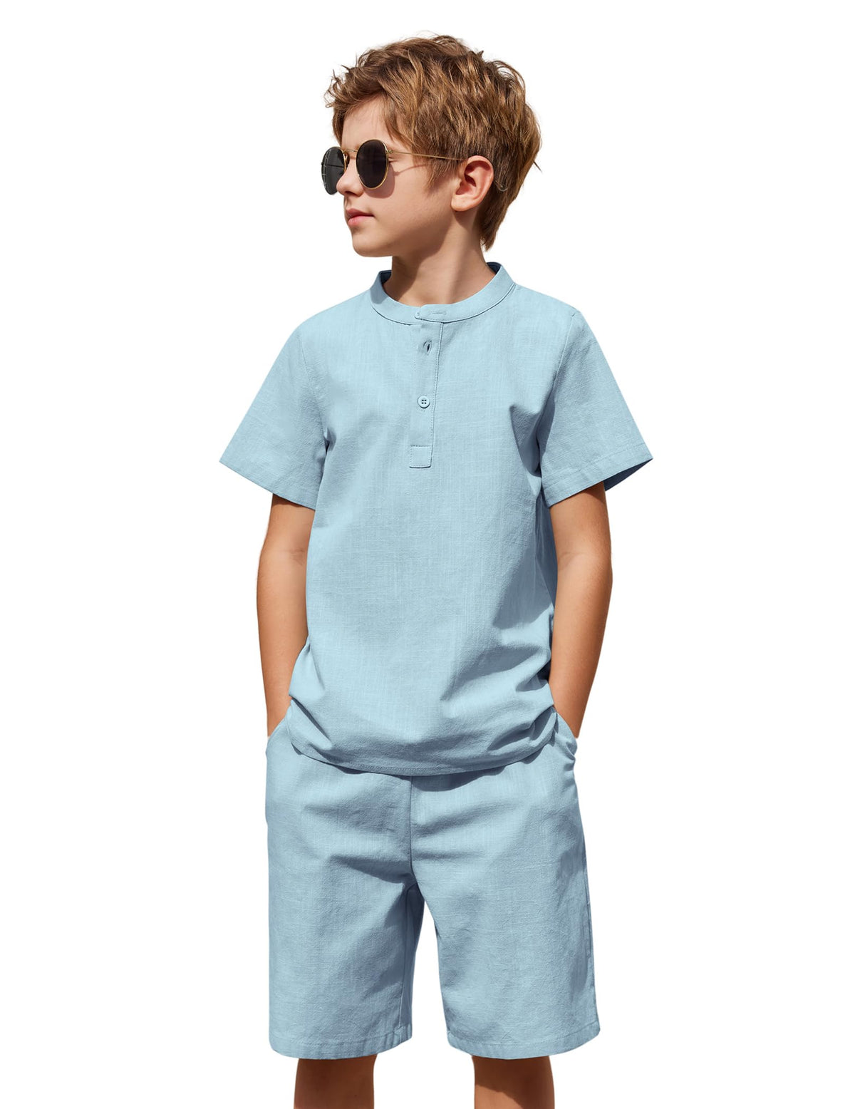 Arshiner Boy's 2 Pieces Cotton Linen Set Casual Henley Shirts Short Sleeve Beach Shorts Summer Outfits for 5-12 Years