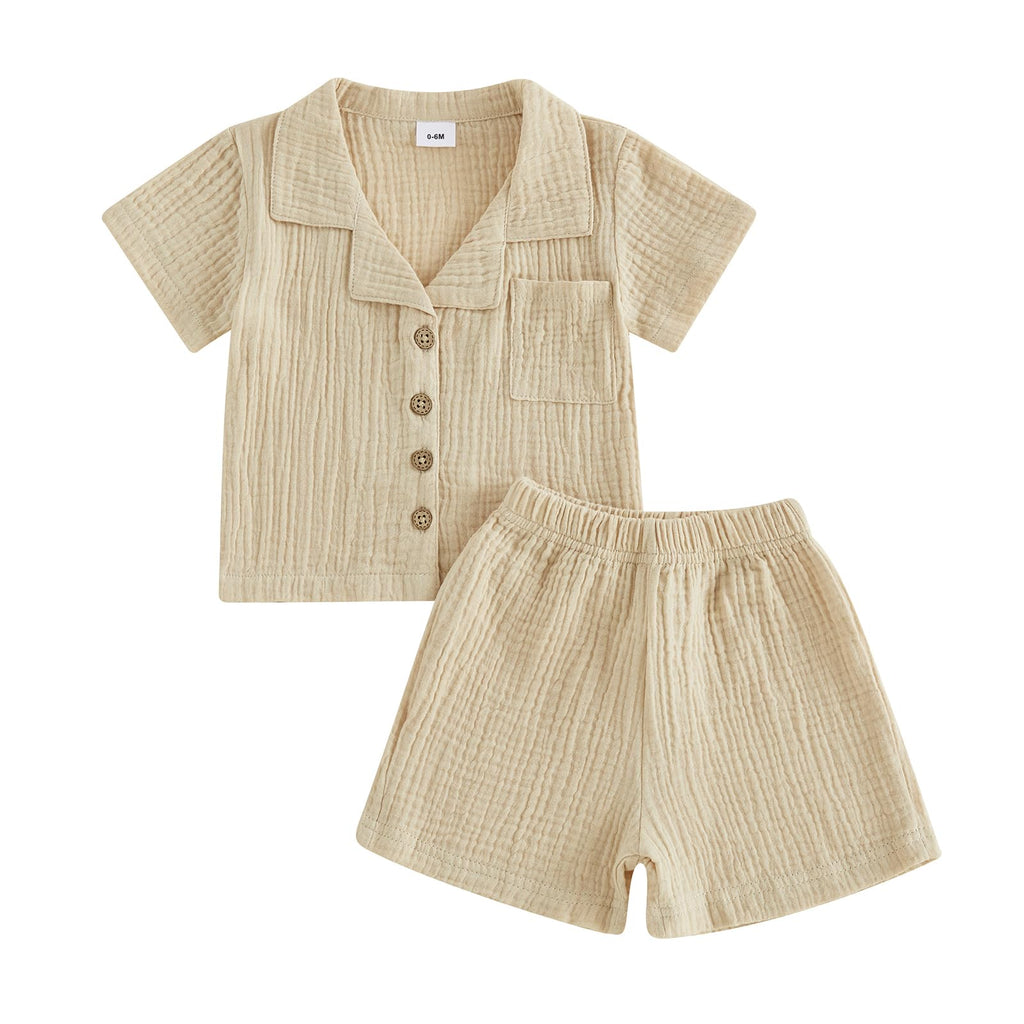Baby Boys Clothes Set Toddler Infant Boys Button-down Shirt Tops + Cotton Gauze Shorts Summer Outfit 2PCS with Pockets