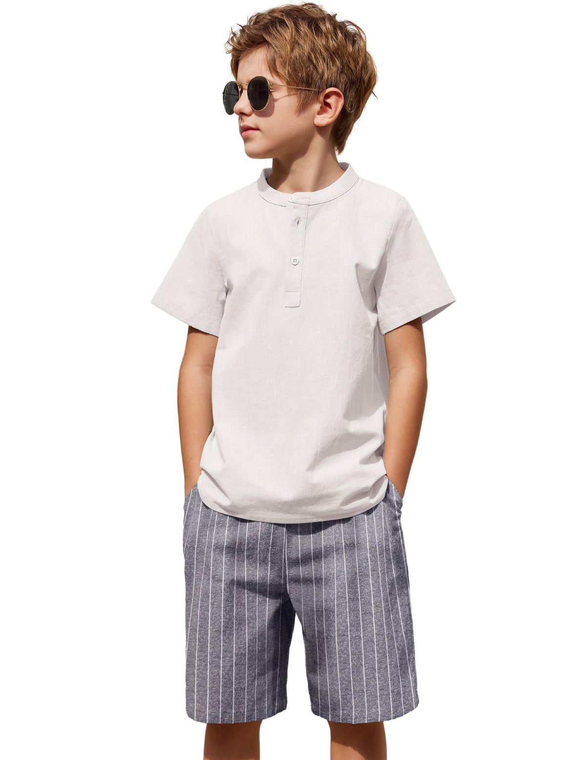 Arshiner Boy's 2 Pieces Cotton Linen Set Casual Henley Shirts Short Sleeve Beach Shorts Summer Outfits for 5-12 Years
