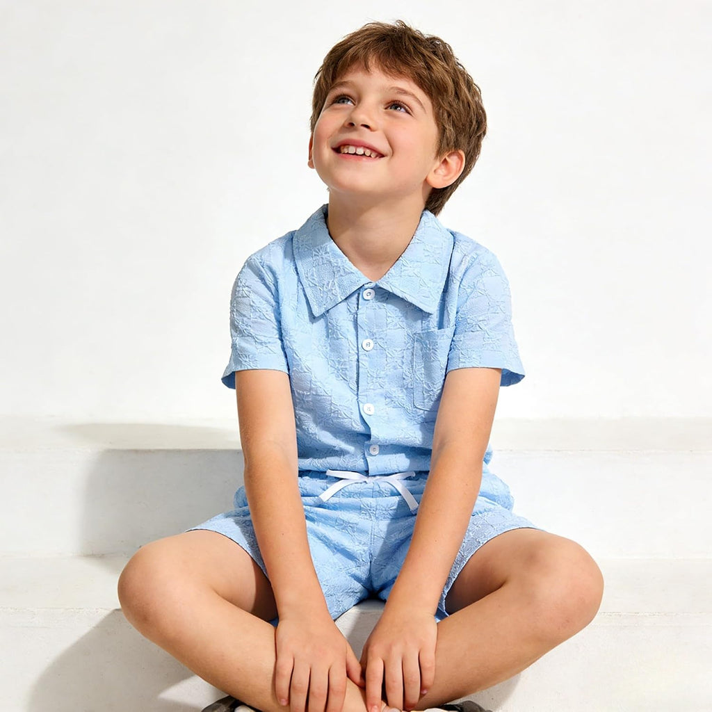 Ayzozuy Boys Summer 2-Piece Outfit Size 6-13 Short-Sleeve Textured Button-Down Shirt & Solid Elastic-Waist Shorts Set