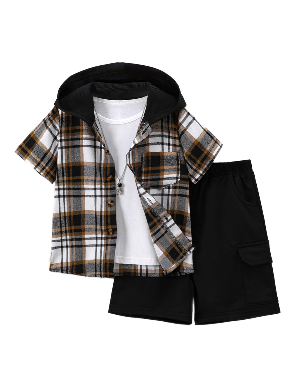 Boys Clothes Shorts Sets Plaid Short Sleeve Hooded Button Shirt and Jogger Shorts for Kids Summer Outfits