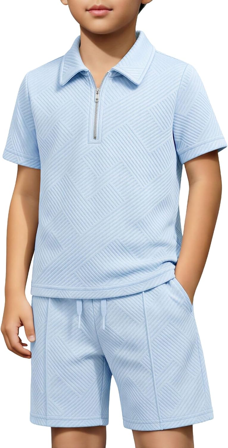 Arshiner Boys 2 Piece Outfits Zip Polo Shirt & Drawstring Shorts 4-13 Years