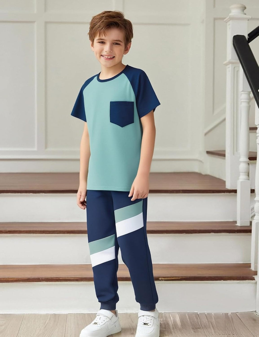 Boys Clothes,Boy outfits 2-Piece Raglan Color blocking Short-Sleeve T-Shirt Color blocking Pant Boys Clothing Set