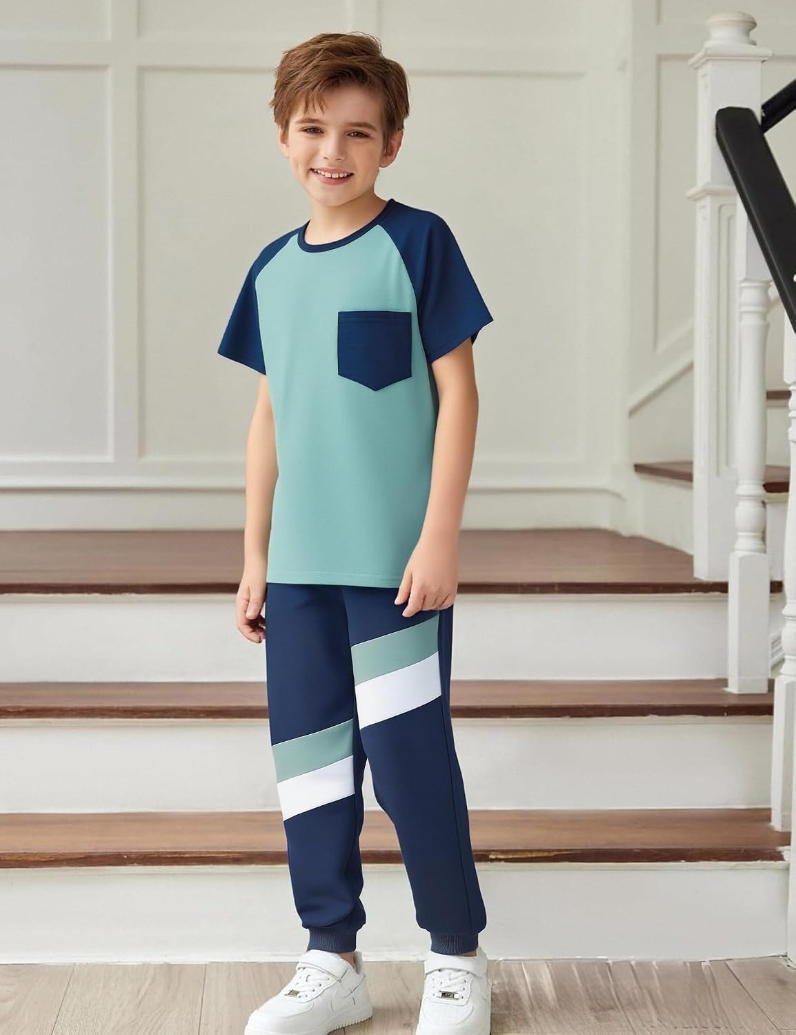 Boys Clothes,Boy outfits 2-Piece Raglan Color blocking Short-Sleeve T-Shirt Color blocking Pant Boys Clothing Set