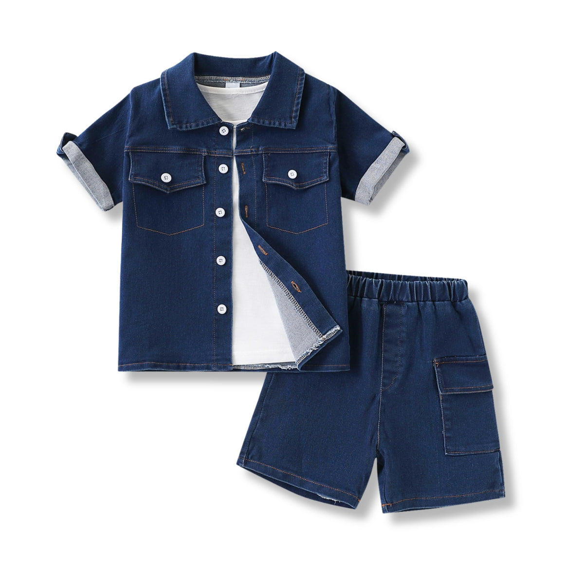 3-7T Toddler Boys Clothes Denim Outfit Set – Short Sleeve Button-Up Jean Jacket & Stretch Denim Shorts