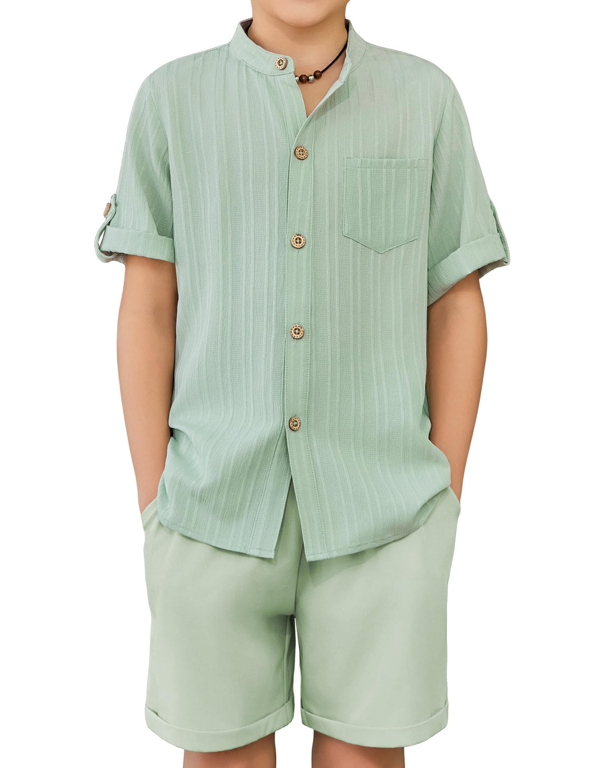 Arshiner Boys Summer Outfits Textured Button Down Shirt and Shorts Set