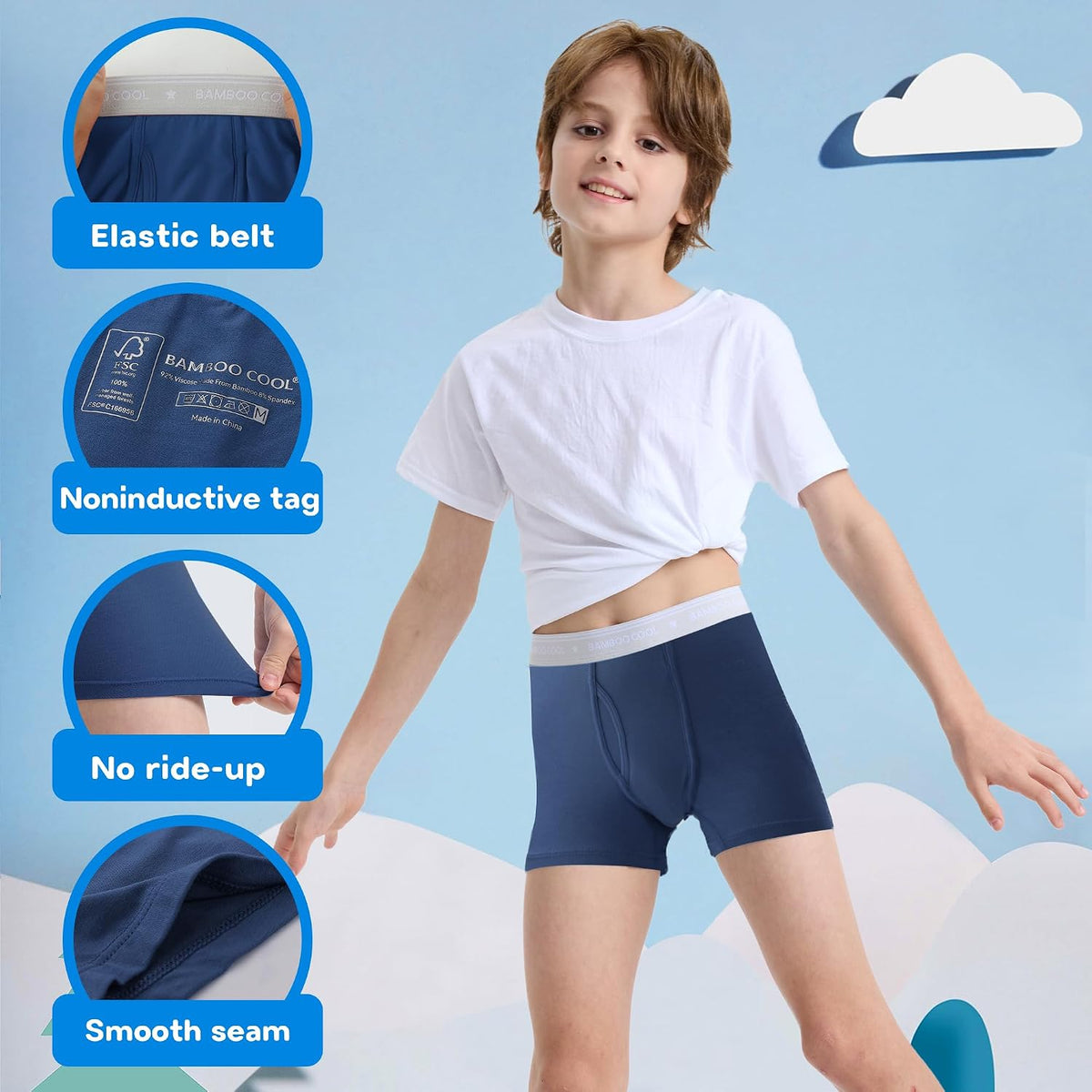 BAMBOO COOL 7 Pack Week Theme Boys' Underwear Ultra Soft Boxer Briefs