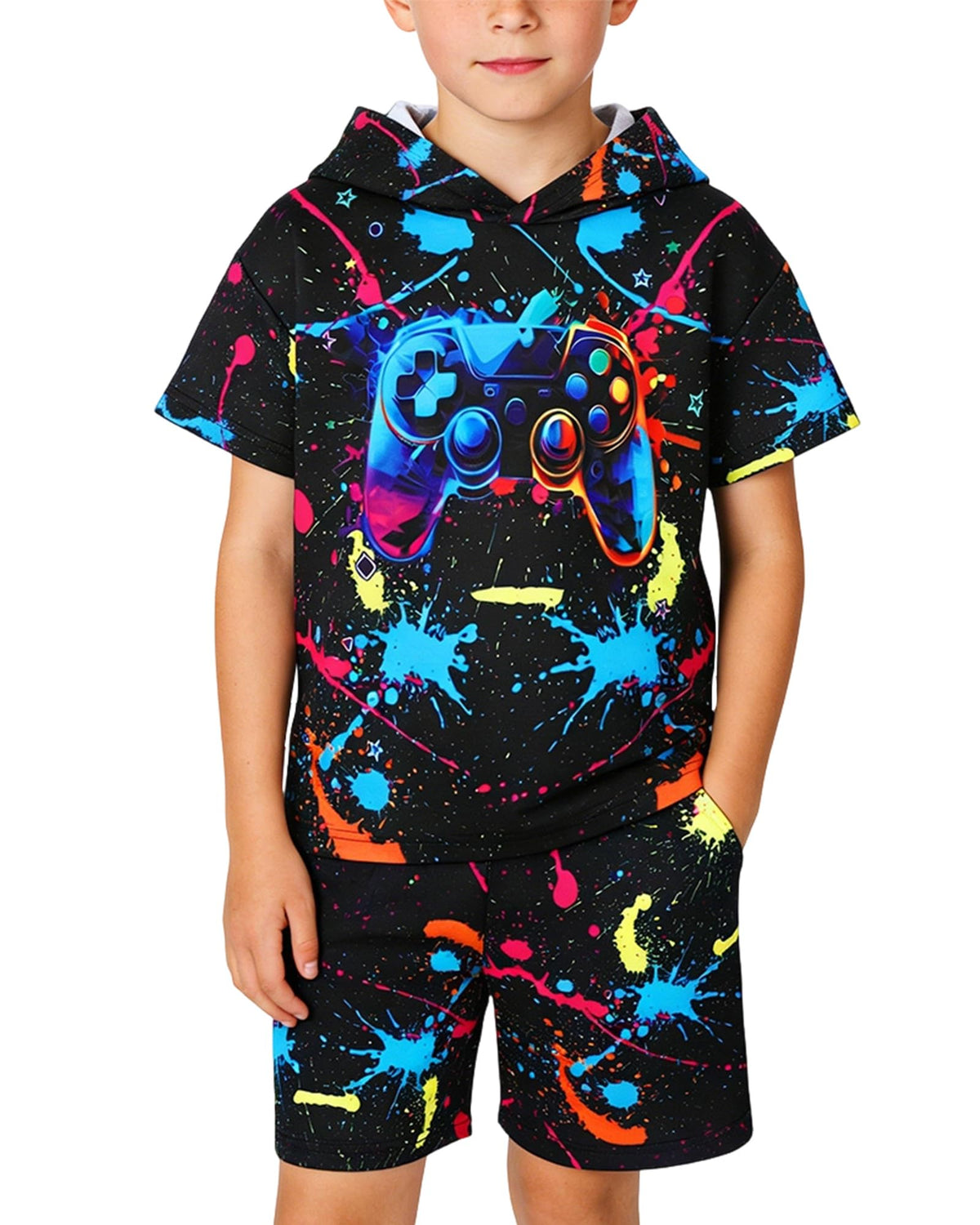 Boys 2Pcs Summer Clothes 3D Printing Short Sleeve Hooded T-Shirt and Shorts Outfit for 5-12 Years