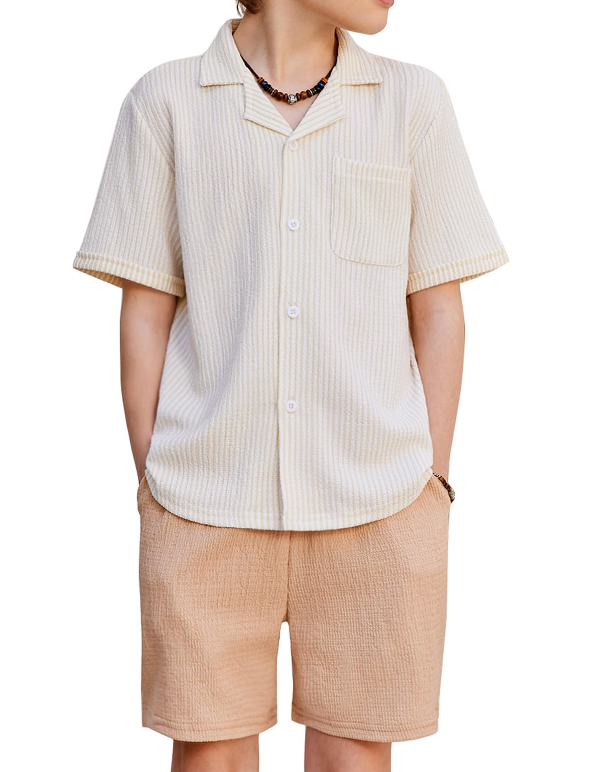 Arshiner Boys Ribbed Textured Outfit Cuban Collar Shirt & Shorts 4-12 Years