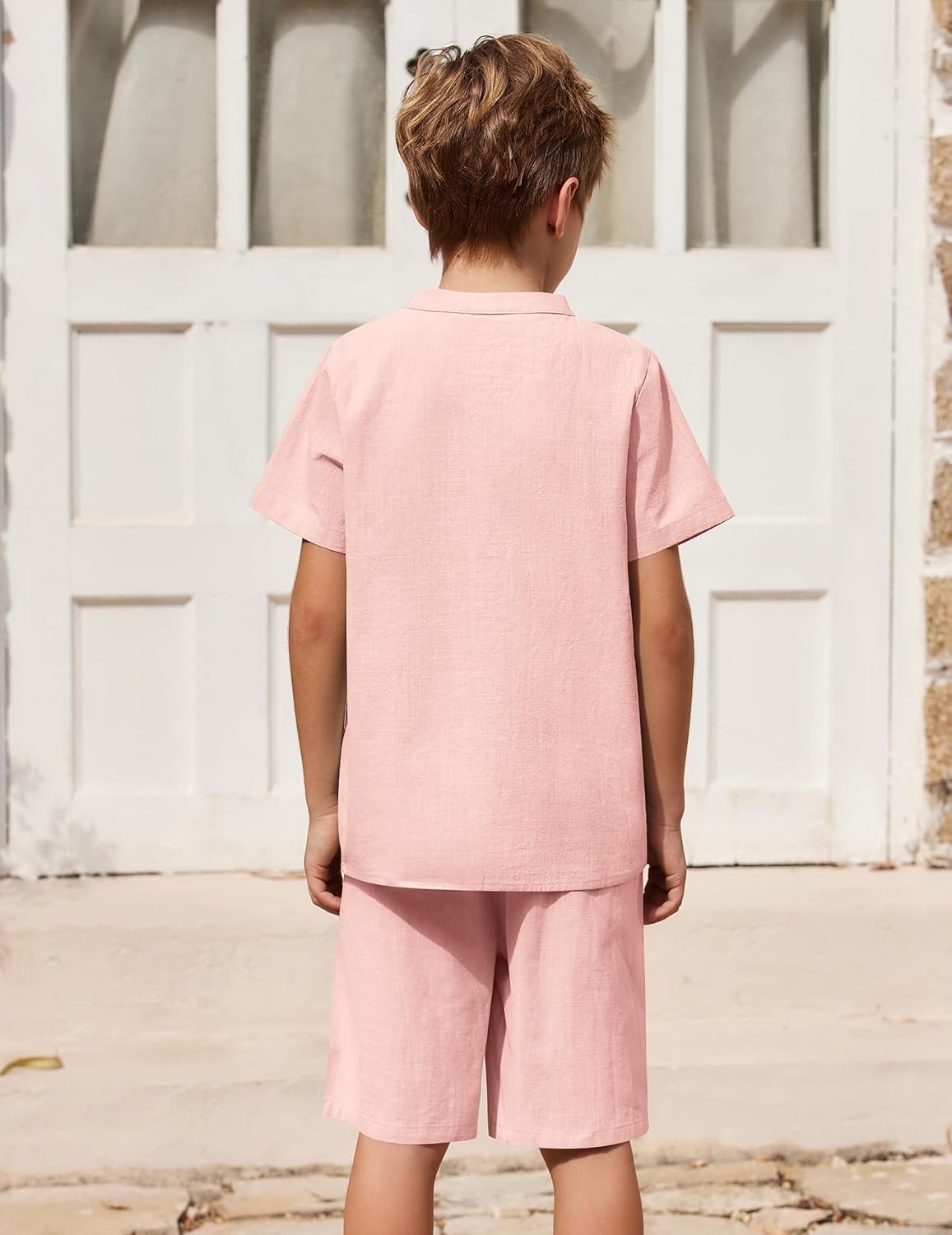 Arshiner Boy's 2 Pieces Cotton Linen Set Casual Henley Shirts Short Sleeve Beach Shorts Summer Outfits for 5-12 Years