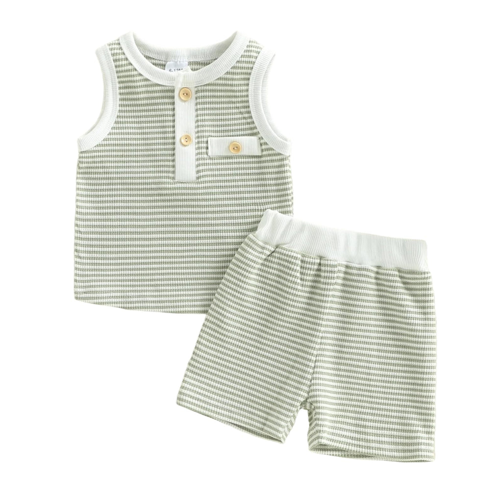Kupretty Toddler Baby Boy Stripe Waffle Sleeveless Shirt Shorts Set
