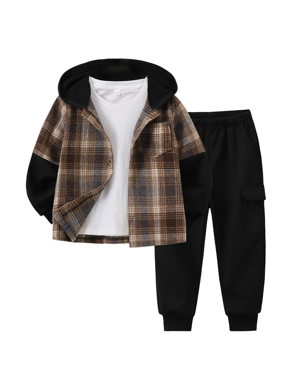 2Pcs Kids Boys Flannel Plaid Shirt Tops Pants Set Hoodie Sweatsuit for Fall Winter Spring Outfits 4-12 Years