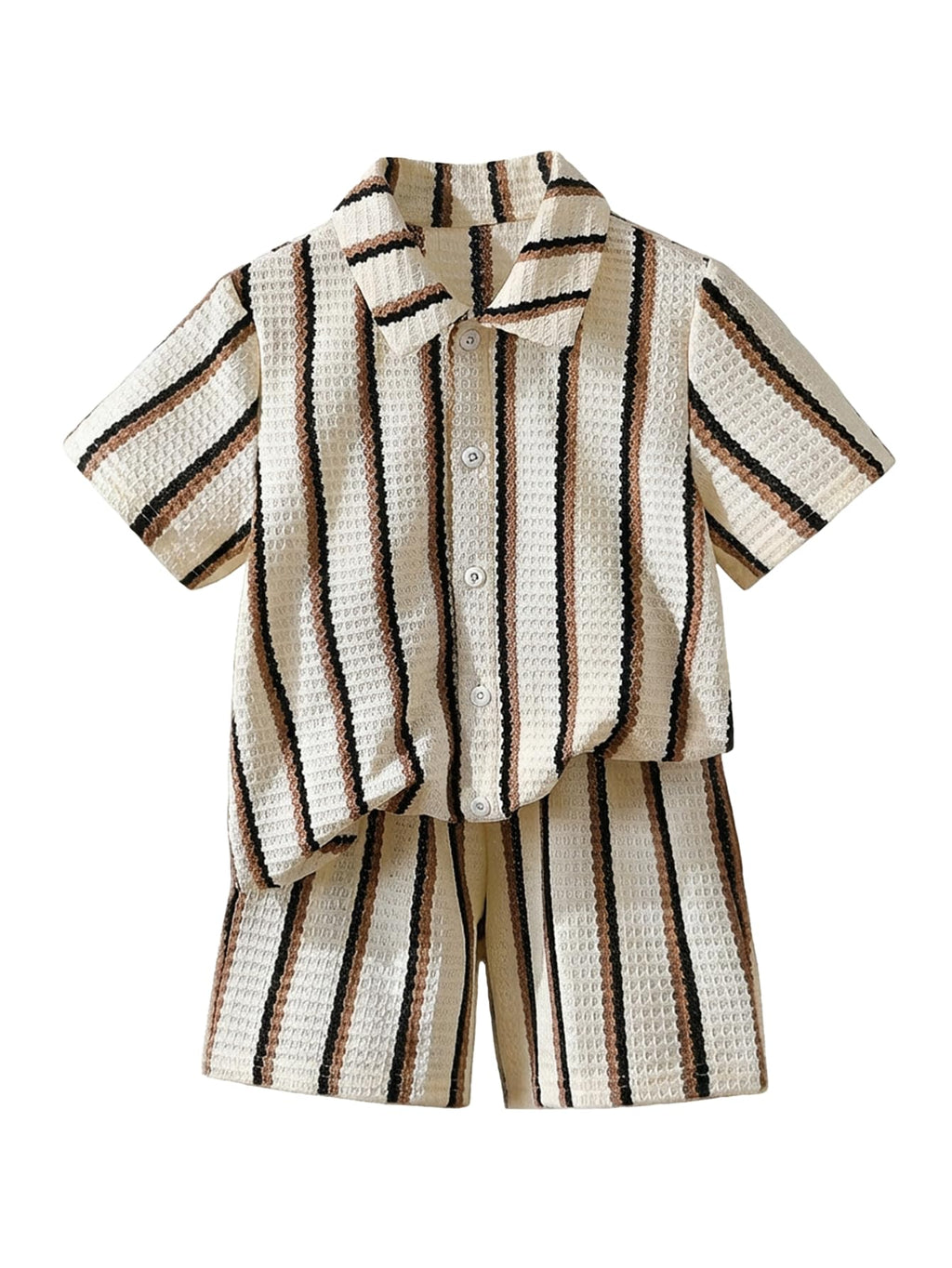 Verdusa Toddler Boy's 2 Piece Striped Outfits Textured Button Up Shirts with Shorts Vacation Sets