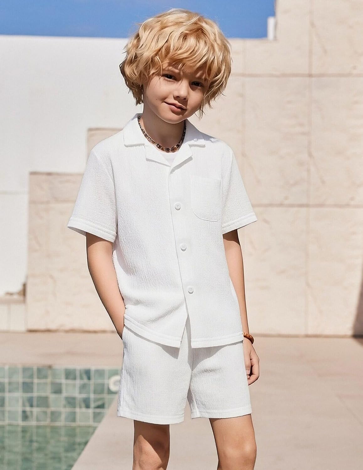 Arshiner Boys Ribbed Textured Outfit Cuban Collar Shirt & Shorts 4-12 Years