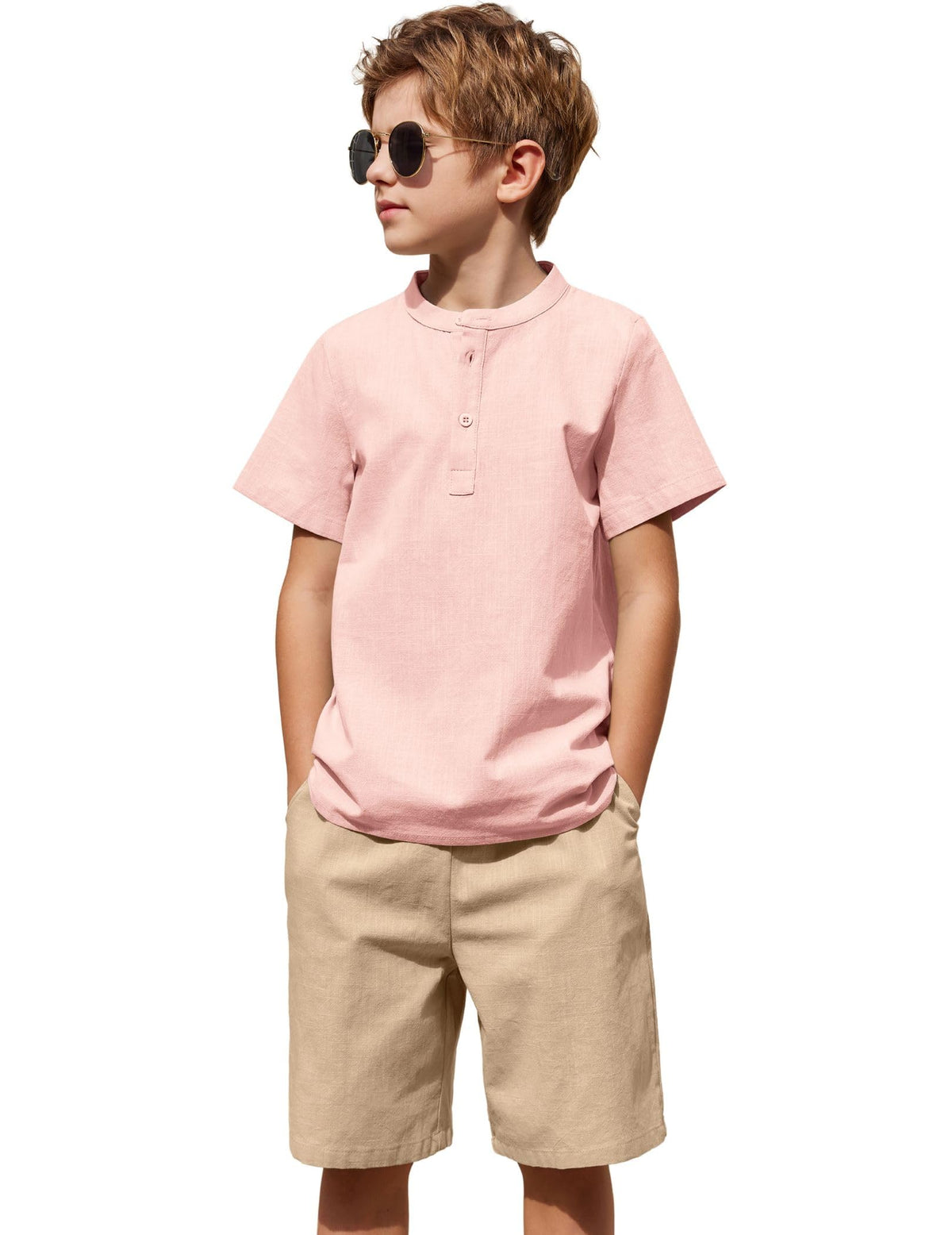 Arshiner Boy's 2 Pieces Cotton Linen Set Casual Henley Shirts Short Sleeve Beach Shorts Summer Outfits for 5-12 Years