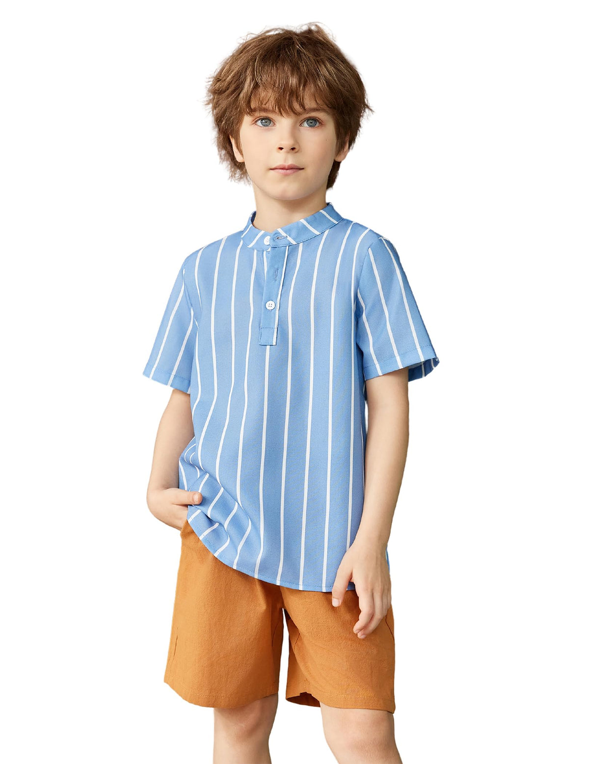 Arshiner Boy's 2 Pieces Cotton Linen Set Casual Henley Shirts Short Sleeve Beach Shorts Summer Outfits for 5-12 Years