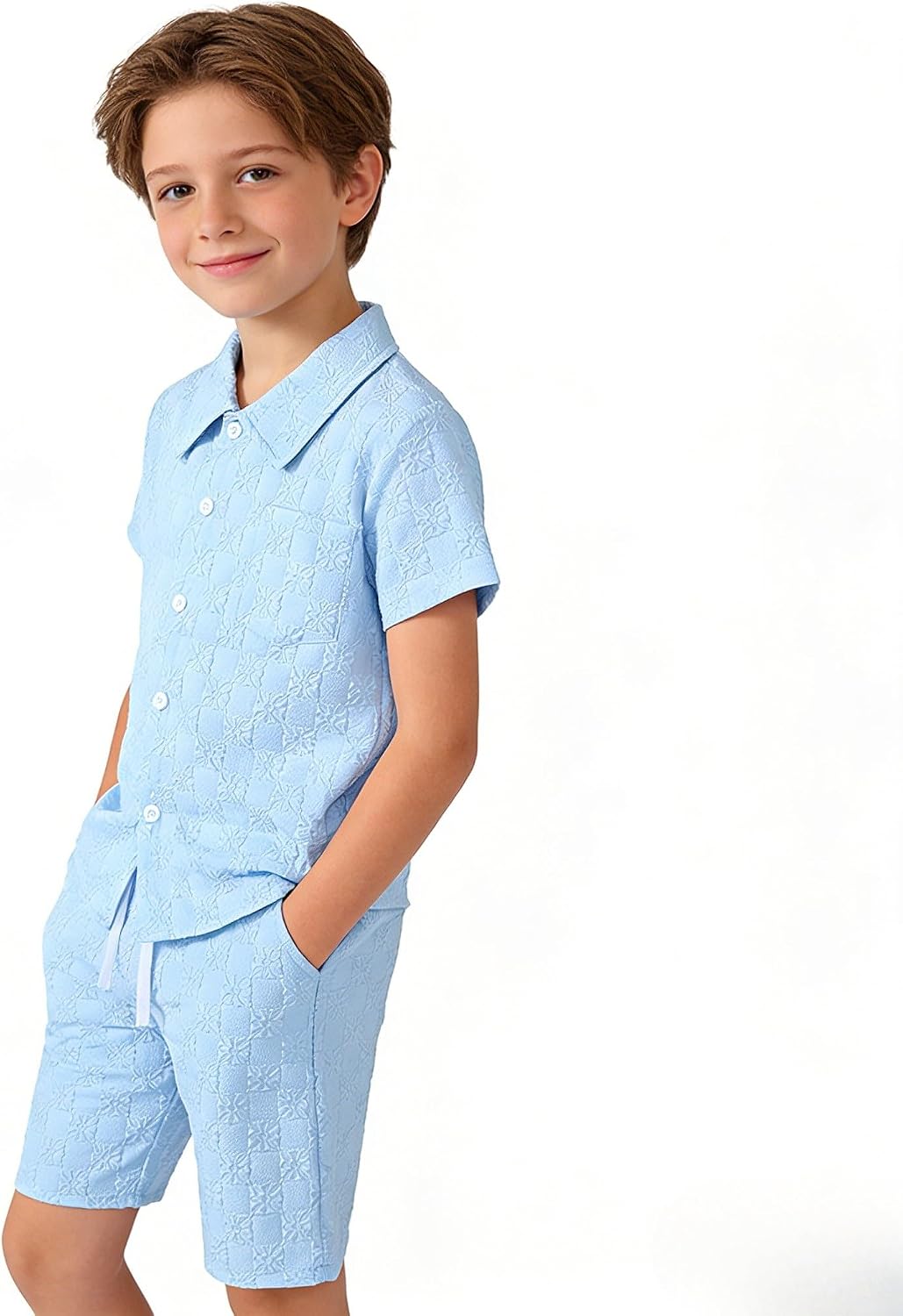 Ayzozuy Boys Summer 2-Piece Outfit Size 6-13 Short-Sleeve Textured Button-Down Shirt & Solid Elastic-Waist Shorts Set