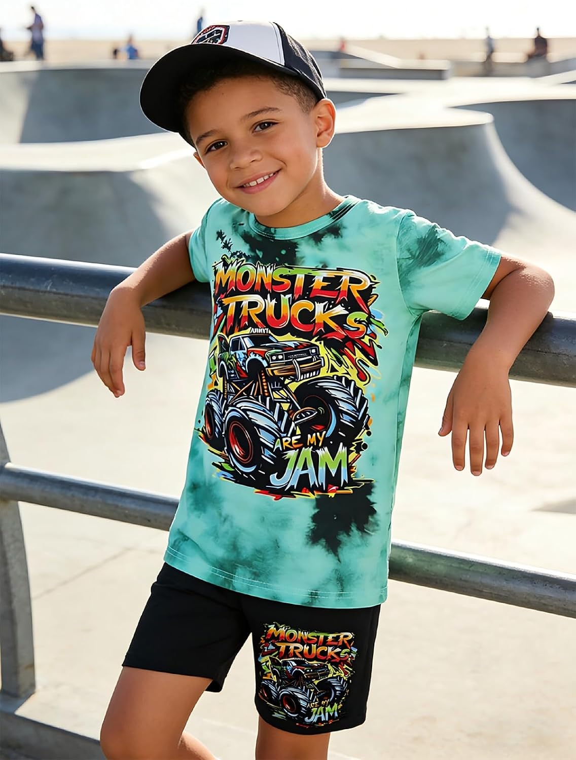 Boys Clothes 2-Piece Summer Outfit 3D Car Print Tie-Dye T-Shirt & Elastic Waist Shorts for Kids Clothing Set 5-11Y