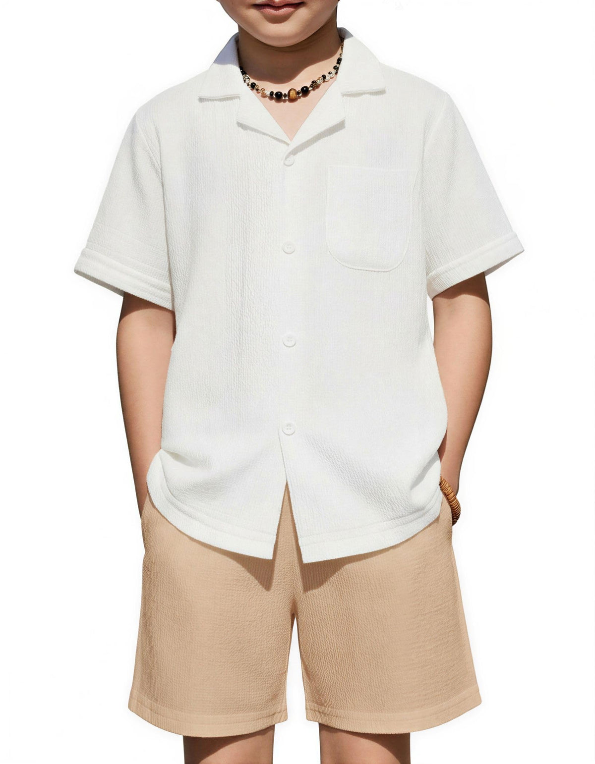 Arshiner Boys Ribbed Textured Outfit Cuban Collar Shirt & Shorts 4-12 Years