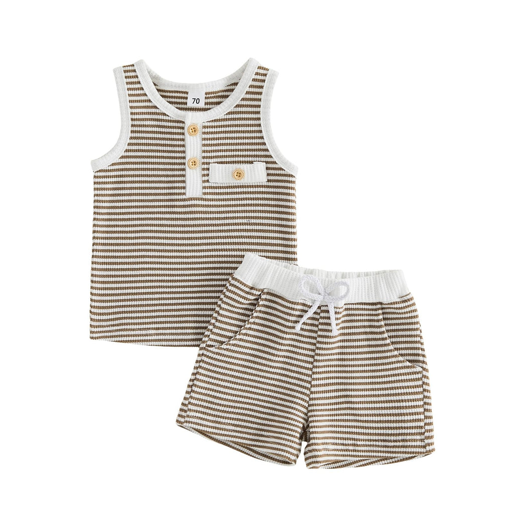 Kupretty Toddler Baby Boy Stripe Waffle Sleeveless Shirt Shorts Set