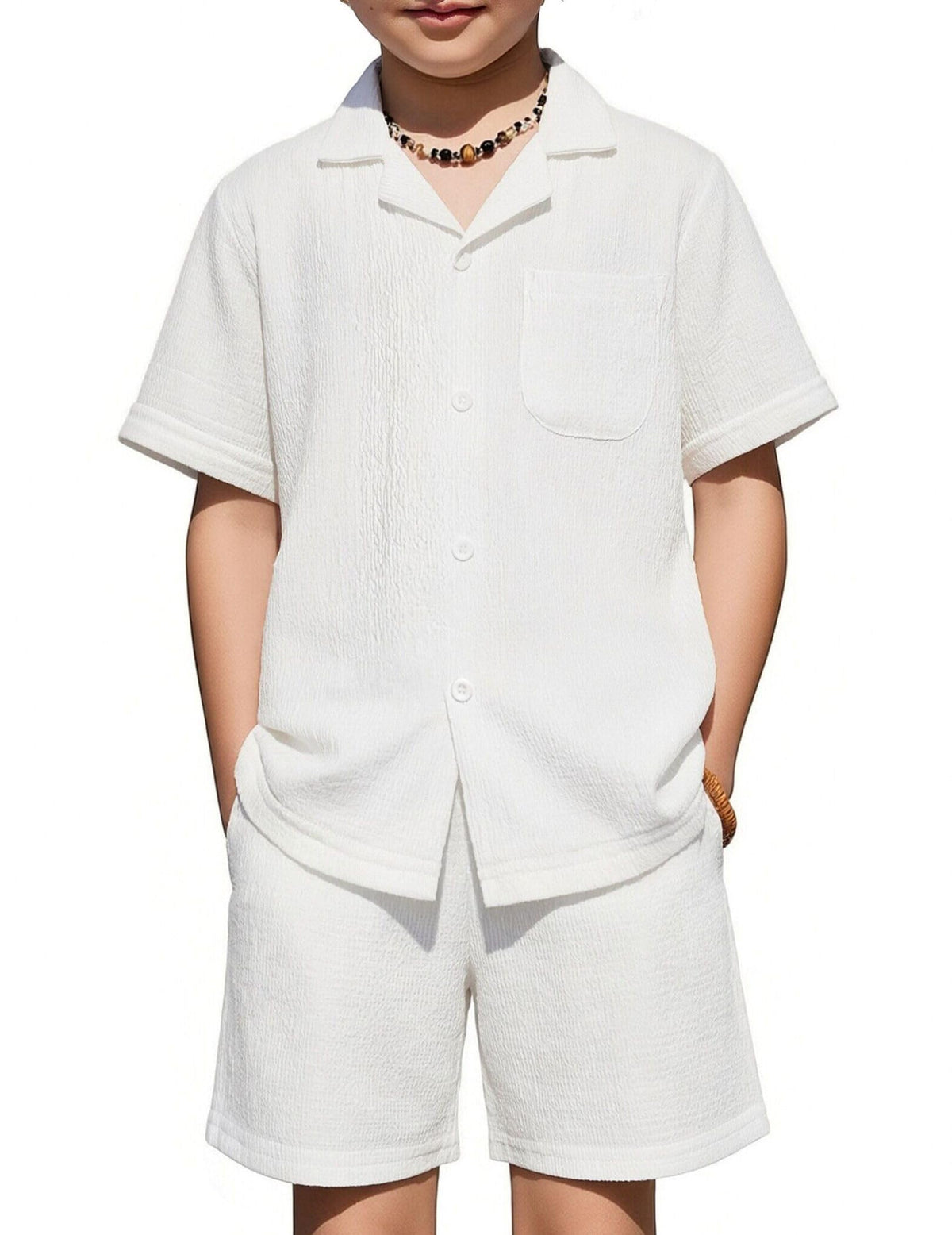 Arshiner Boys Ribbed Textured Outfit Cuban Collar Shirt & Shorts 4-12 Years