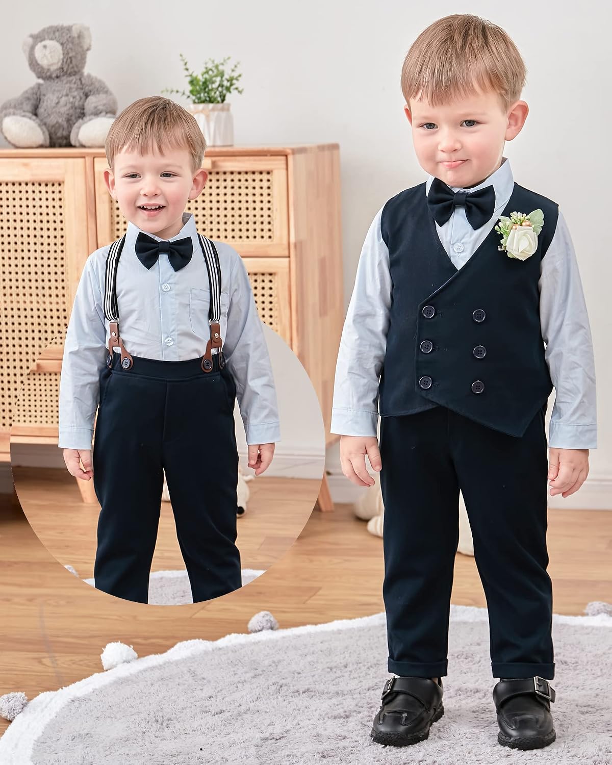 YALLET Toddler Baby Boy Clothes Suit Gentleman Wedding Outfits, Formal Dress Shirt+Bowtie+Vest+Boutonniere+Suspender Pants