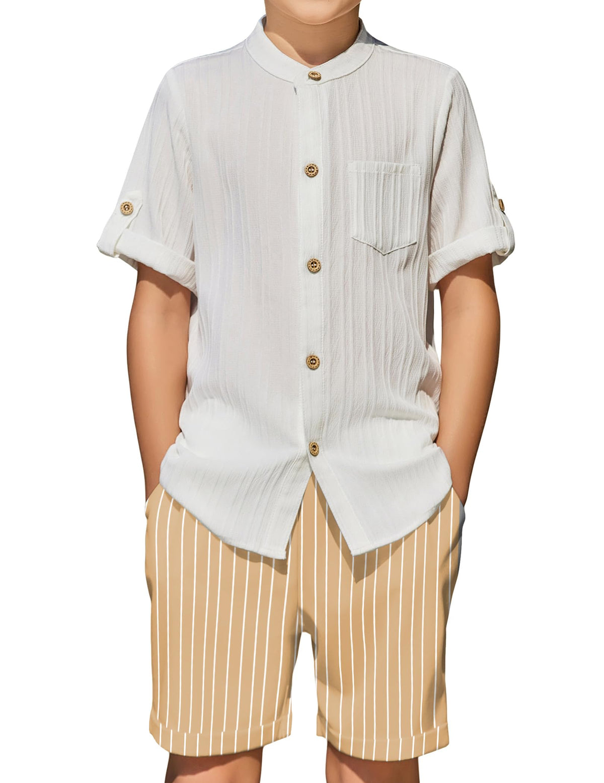 Arshiner Boys Summer Outfits Textured Button Down Shirt and Shorts Set