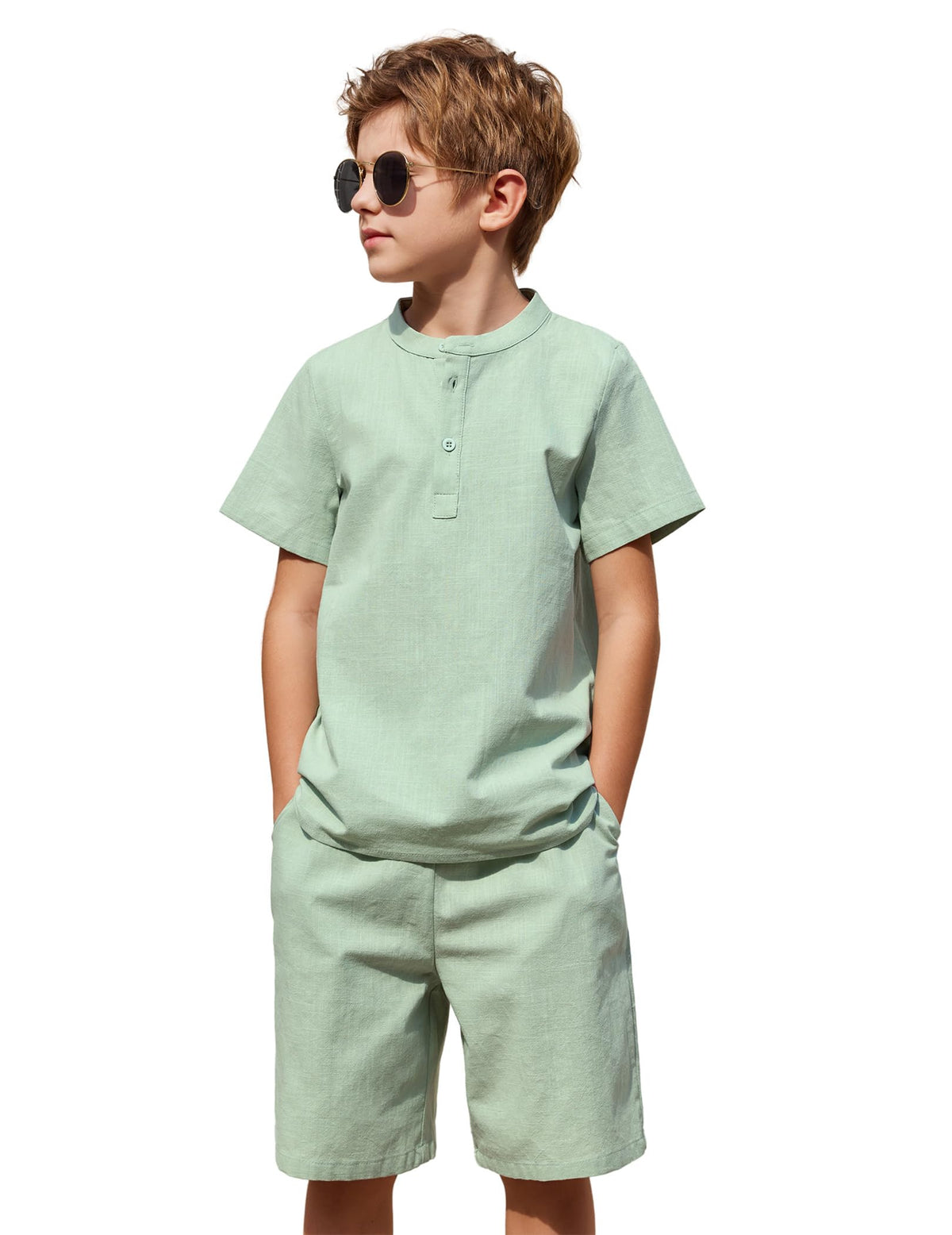 Arshiner Boy's 2 Pieces Cotton Linen Set Casual Henley Shirts Short Sleeve Beach Shorts Summer Outfits for 5-12 Years