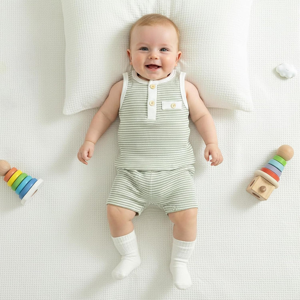Kupretty Toddler Baby Boy Stripe Waffle Sleeveless Shirt Shorts Set