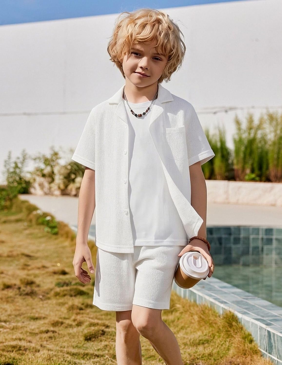 Arshiner Boys Ribbed Textured Outfit Cuban Collar Shirt & Shorts 4-12 Years