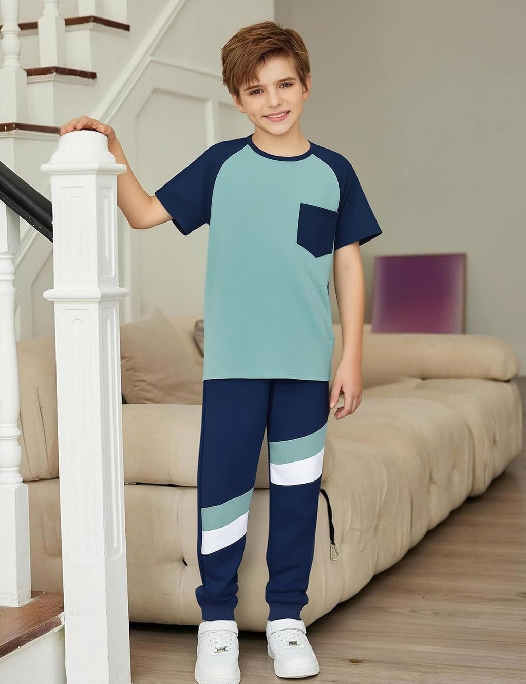 Boys Clothes,Boy outfits 2-Piece Raglan Color blocking Short-Sleeve T-Shirt Color blocking Pant Boys Clothing Set