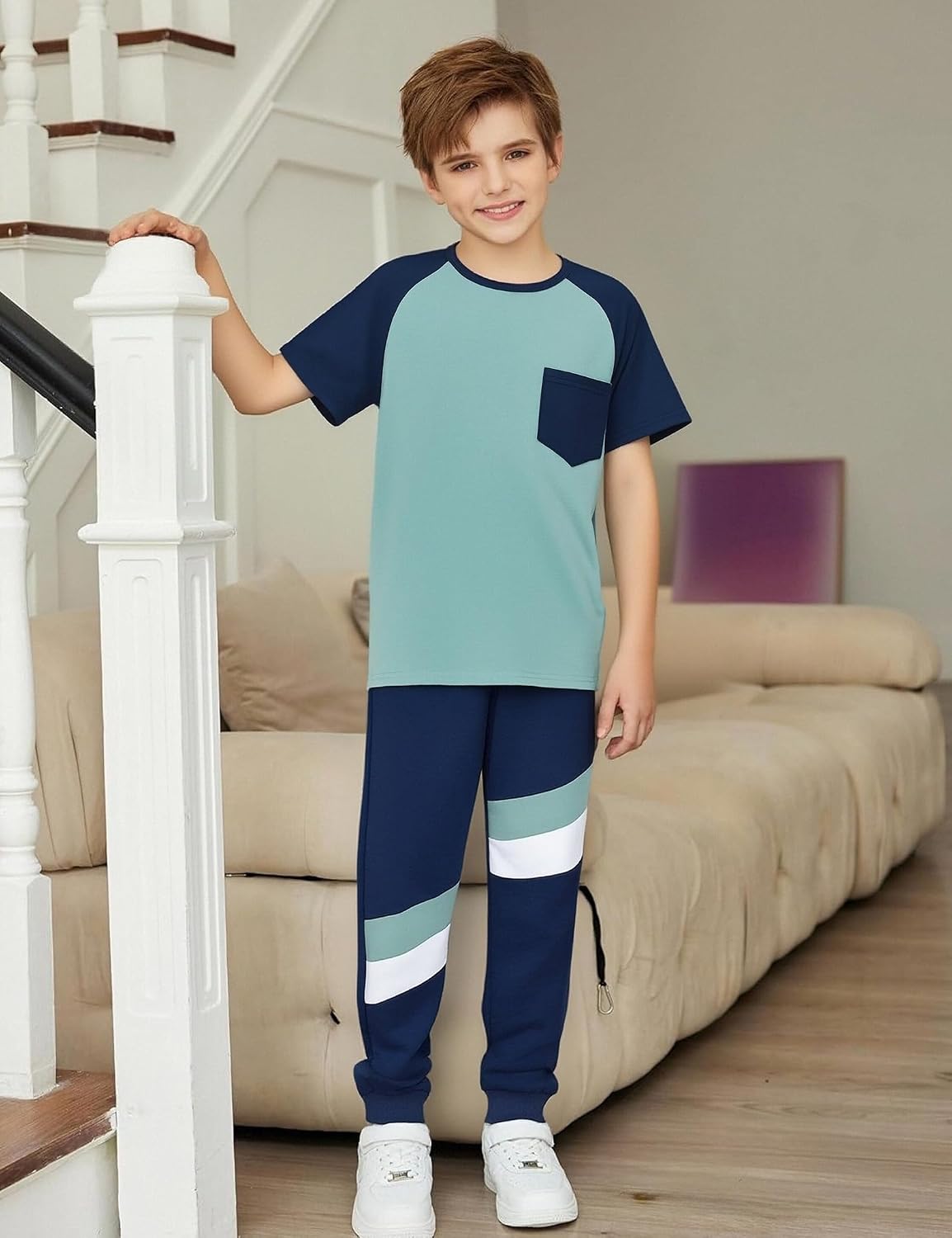 Boys Clothes,Boy outfits 2-Piece Raglan Color blocking Short-Sleeve T-Shirt Color blocking Pant Boys Clothing Set