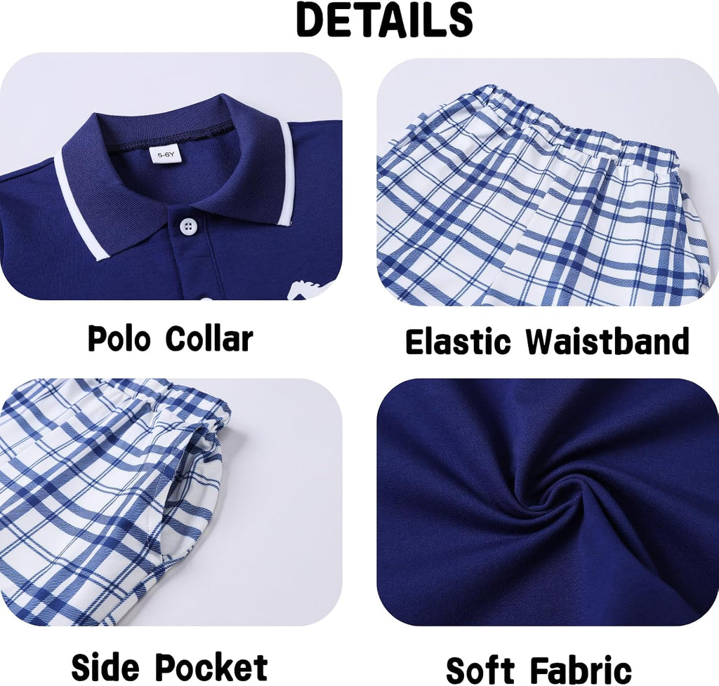 Kids Tween Boy Clothes Casual Short Sleeve Polo Shirt + Plaid Print 2Pcs Shorts Summer Clothing Set